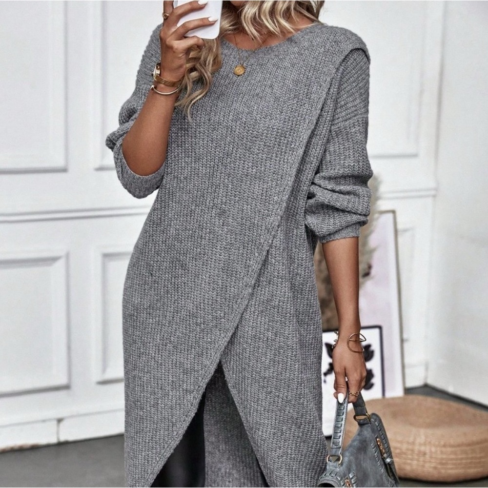 Grey Casual Womens Solid Wrap Hem Sweater